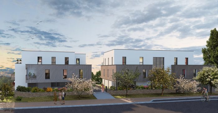 Photo vue côté jardin, au crépuscule, du programme La Promenade à Vertou : appartements neufs à vendre du T2 au T4 proche de Nantes